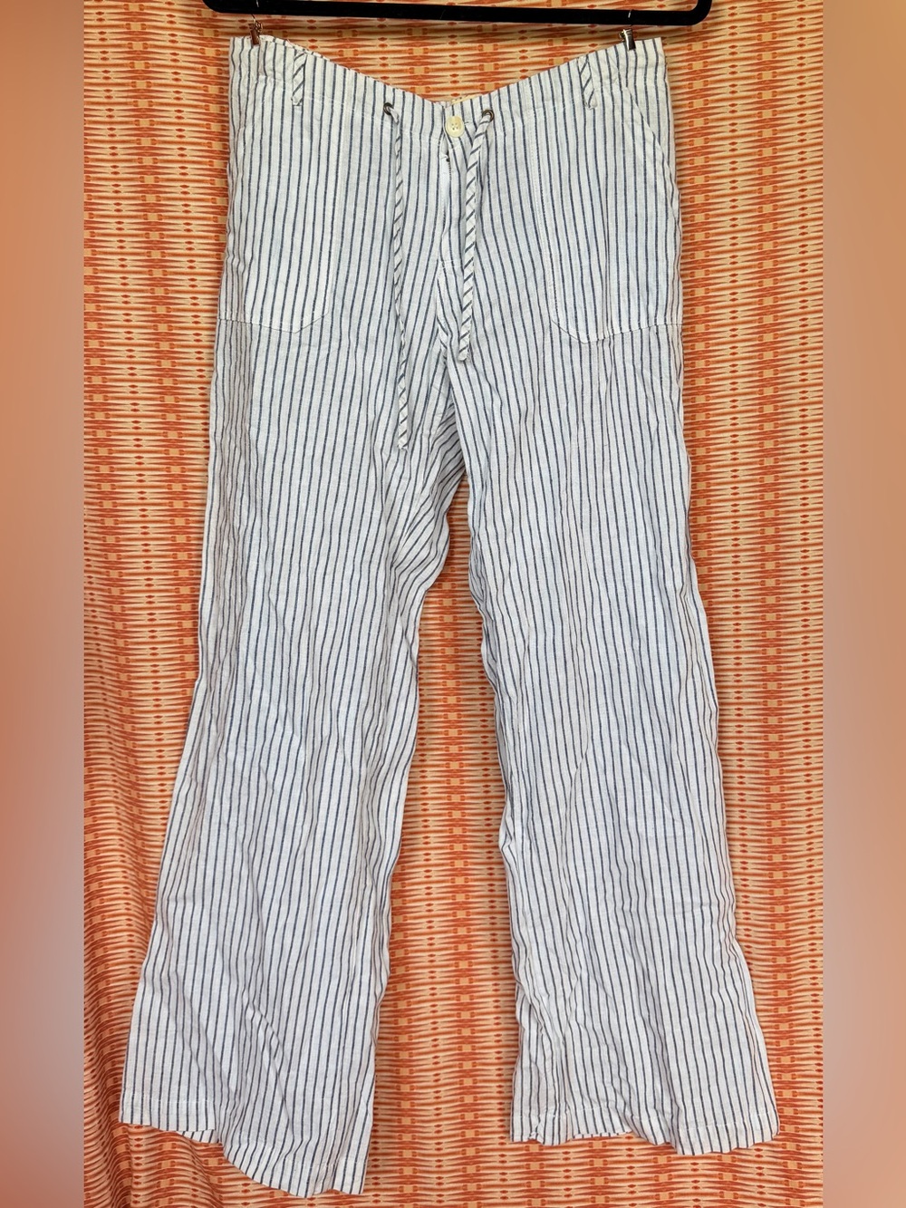Just Living Women's White Pants with Navy Pinstripes - Straight Leg